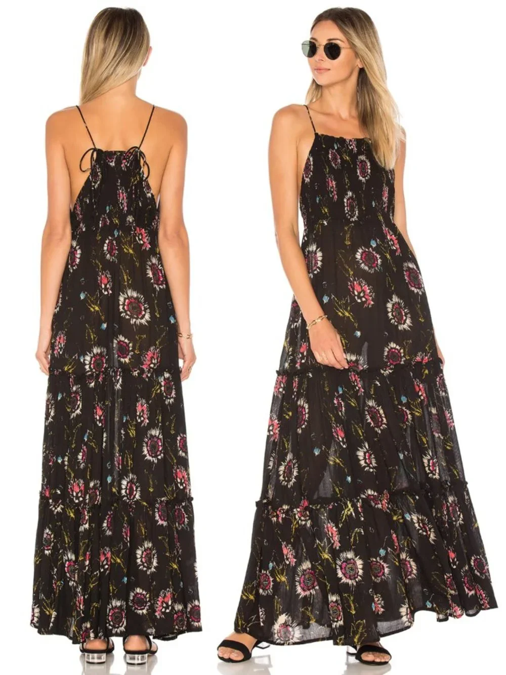 Free People Intimately Garden Party Maxi Dress Tiered Black Floral Boho size M